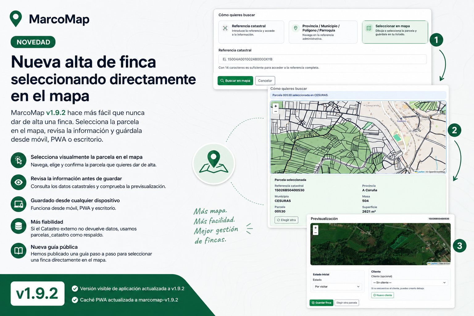 MarcoMap v1.9.2: nueva alta de finca seleccionando directamente en el mapa